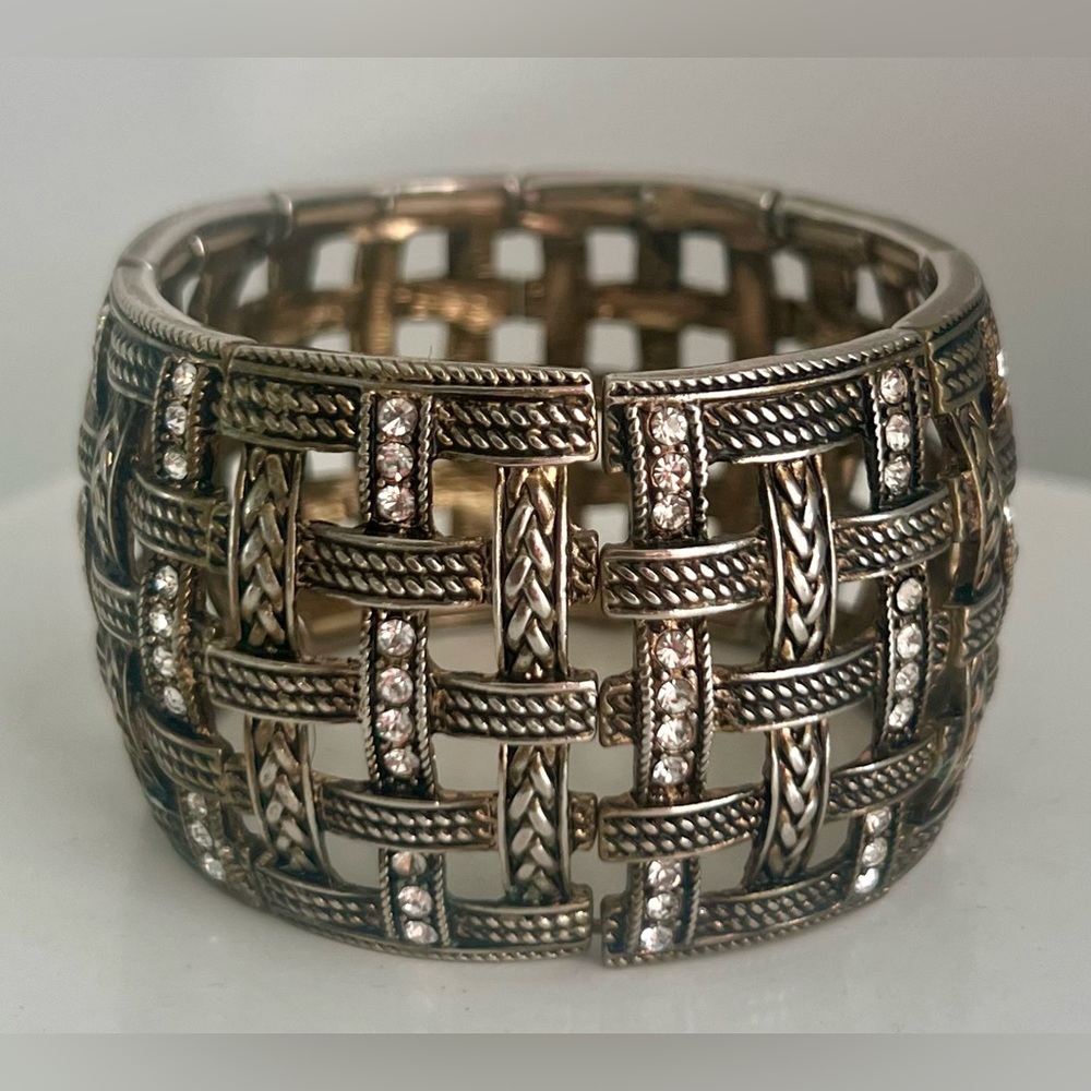 Fashion Jewelry | Woven Metal Bracelet with Rhinestones